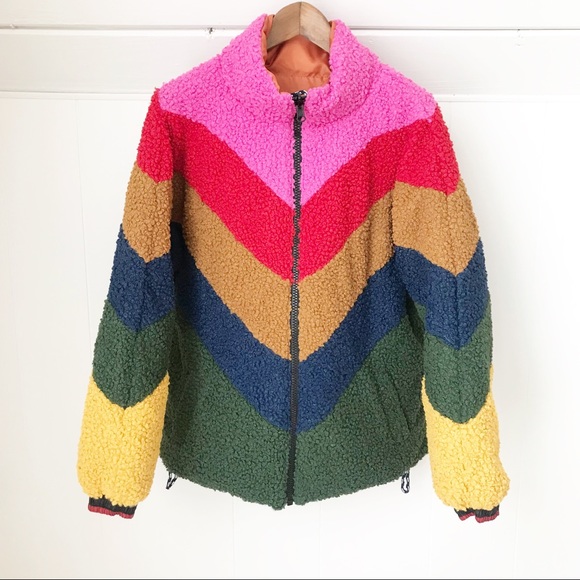 FARM Rio Mixed Macaw Faux-Shearling Reversible Puffer Jacket Rainbow Stripe Coat - Picture 11 of 16